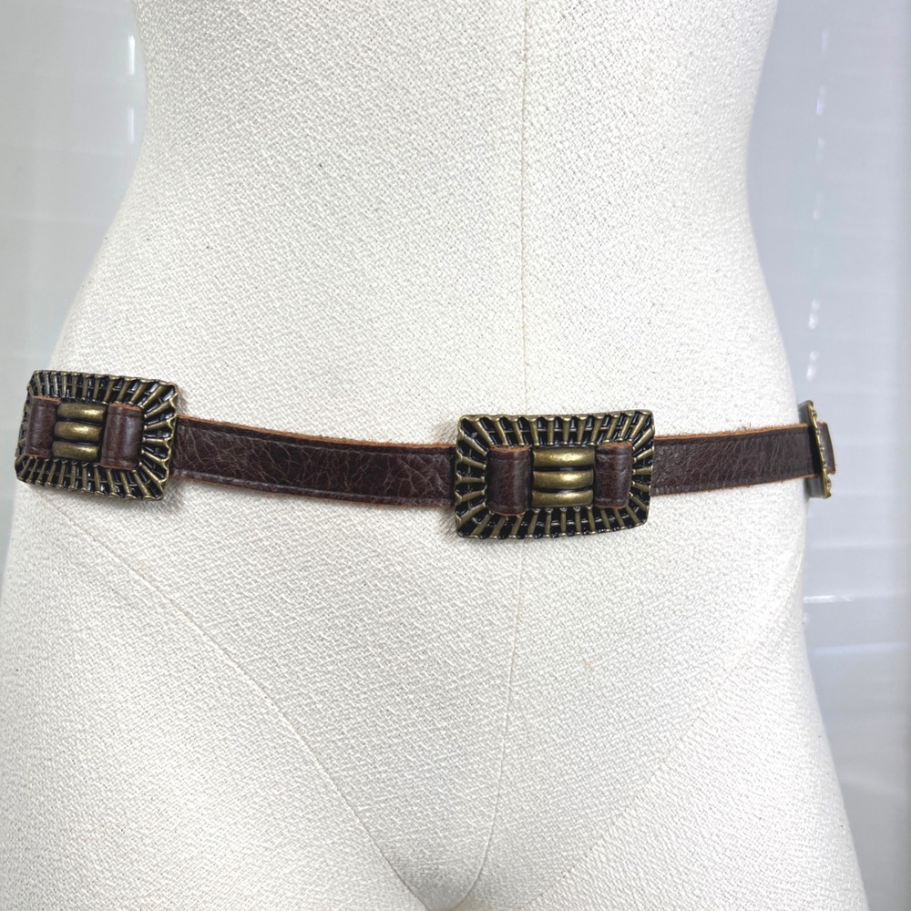 Lovestrength Womens Brown Leather Skinny Waist Belt Brass Buckle Detail Size S